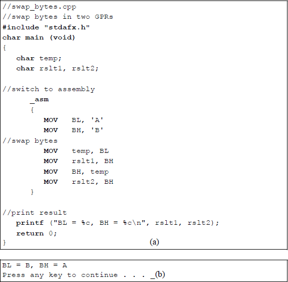 Figure showing assembly language module linked to a C module to interchange two general-purpose registers: (a) the program and (b) the outputs.