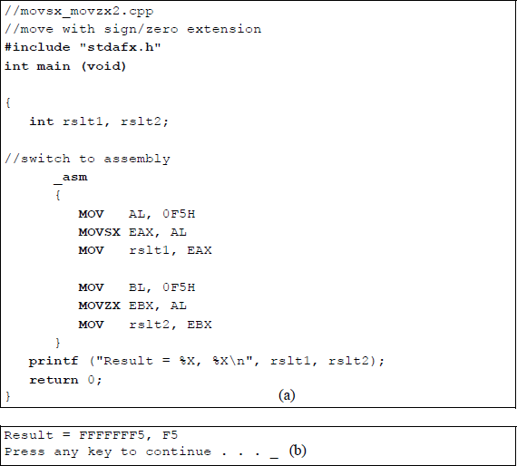 Figure showing program to illustrate the MOVSX and the MOVZX instructions: (a) the program and (b) the outputs.