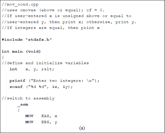 Figure showing program to illustrate the use of the conditional move instruction CMOVAE: (a) the program and (b) the outputs.
