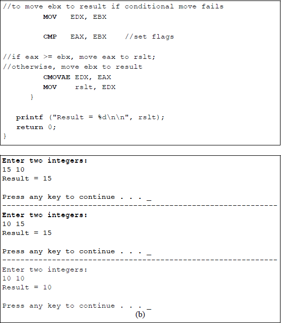 Figure showing program to illustrate the use of the conditional move instruction CMOVAE: (a) the program and (b) the outputs.
