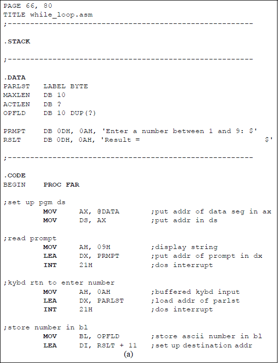 Figure showing assembly language program to illustrate the implementation of a while loop: (a) the program and (b) the outputs.