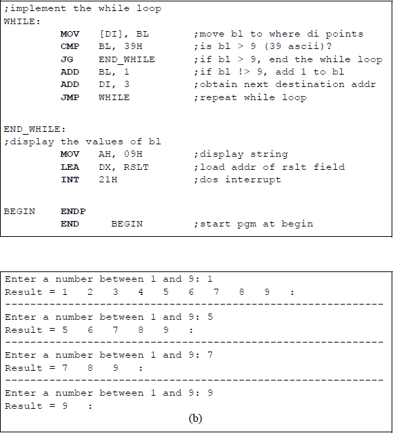Figure showing assembly language program to illustrate the implementation of a while loop: (a) the program and (b) the outputs.