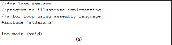 Figure showing an assembly language module embedded in a C program to simulate a for loop structure: (a) the program and (b) the outputs.