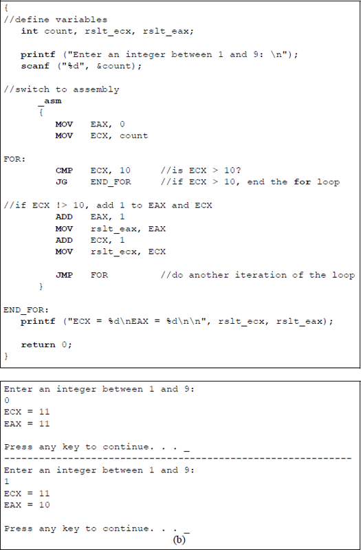 Figure showing an assembly language module embedded in a C program to simulate a for loop structure: (a) the program and (b) the outputs.