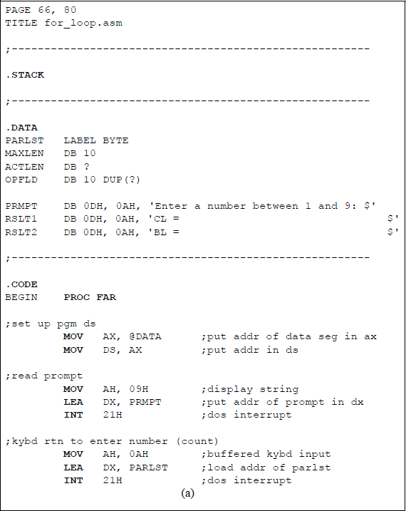 Figure showing assembly language program to illustrate the implementation of a for loop: (a) the program and (b) the outputs.