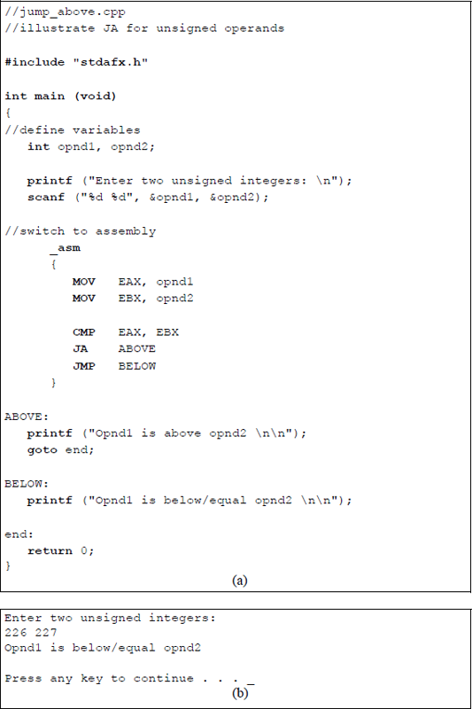 Figure showing program to illustrate the use of the JA instruction: (a) the program and (b) the outputs.