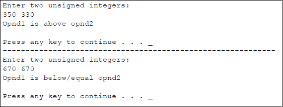 Figure showing program to illustrate the use of the JA instruction: (a) the program and (b) the outputs.