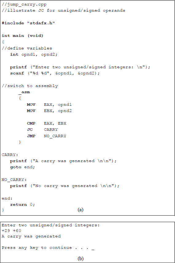 Figure showing program to illustrate the use of the JC instruction: (a) the program and (b) the outputs.