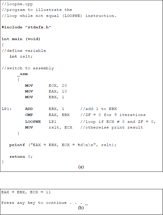 Figure showing program to illustrate the function of the LOOPNE instruction: (a) the program and (b) the outputs.
