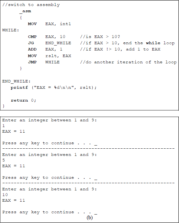 Figure showing an assembly language module embedded in a C program to simulate a while loop structure: (a) the program and (b) the outputs.