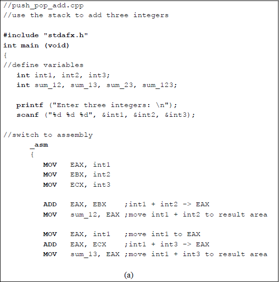 Figure showing program to illustrate using a stack to add three integers: (a) the program and (b) the outputs.