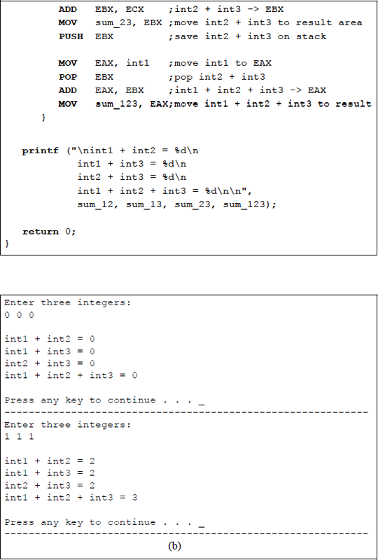 Figure showing program to illustrate using a stack to add three integers: (a) the program and (b) the outputs.