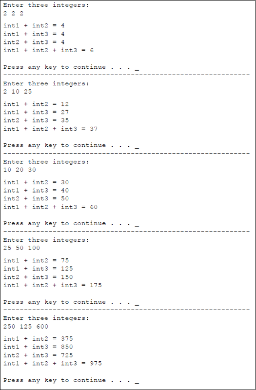 Figure showing program to illustrate using a stack to add three integers: (a) the program and (b) the outputs.