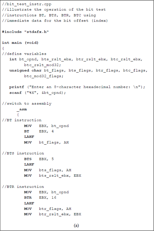 Figure showing program to illustrate the bit test instructions: BT, BTS, BTR, and BTC using immediate data as the bit offset: (a) the program and (b) the outputs.