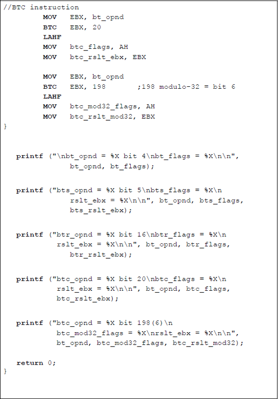 Figure showing program to illustrate the bit test instructions: BT, BTS, BTR, and BTC using immediate data as the bit offset: (a) the program and (b) the outputs.