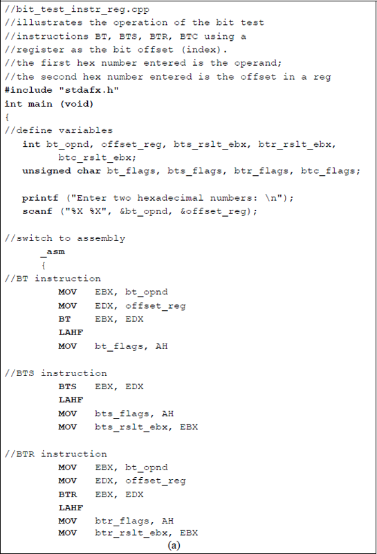 Figure showing program to illustrate the bit test instructions: BT, BTS, BTR, and BTC using the contents of register EDX as the bit offset: (a) the program and (b) the outputs.