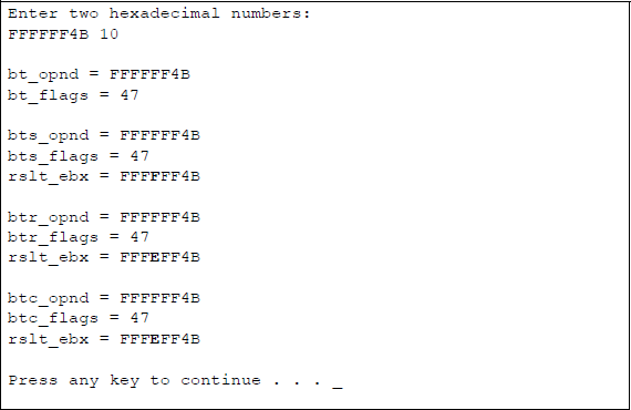 Figure showing program to illustrate the bit test instructions: BT, BTS, BTR, and BTC using the contents of register EDX as the bit offset: (a) the program and (b) the outputs.