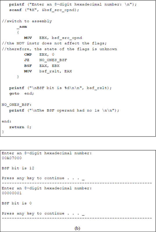 Figure showing illustrates the operation of the BSF instruction: (a) the program and (b) the outputs.