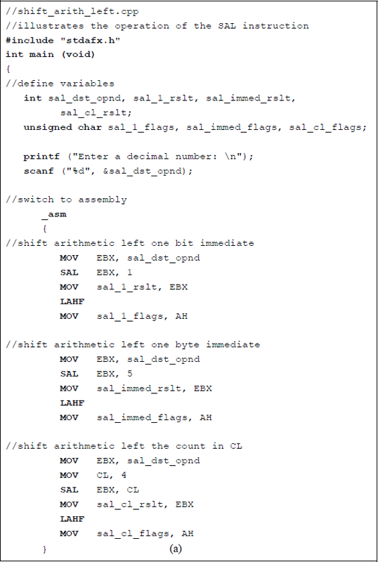 Figure showing illustrates the operation of the SAL instruction: (a) the program and (b) the outputs.