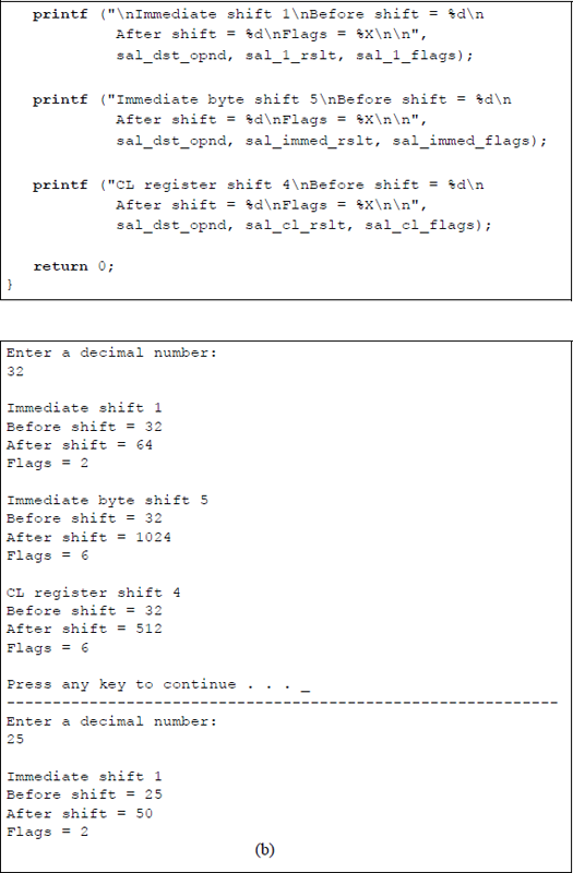 Figure showing illustrates the operation of the SAL instruction: (a) the program and (b) the outputs.