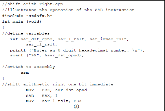 Figure showing illustrates the operation of the SAR instruction: (a) the program and (b) the outputs.