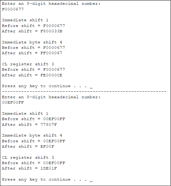 Figure showing illustrates the operation of the SAR instruction: (a) the program and (b) the outputs.