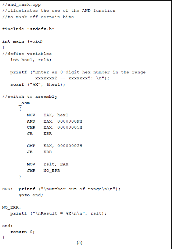Figure showing program to illustrate using the AND instruction to mask off certain bits: (a) the program and (b) the outputs.