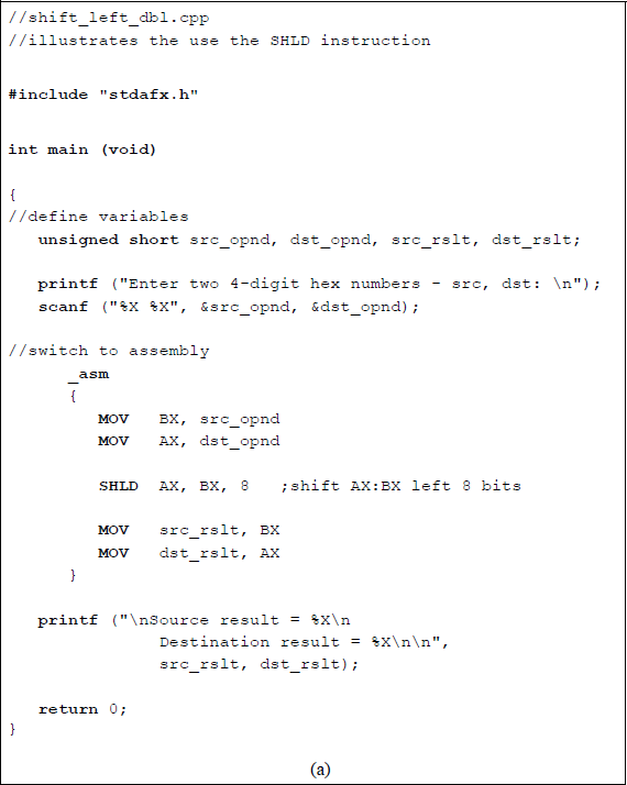 Figure showing illustrates the operation of the SHLD instruction: (a) the program and (b) the outputs.