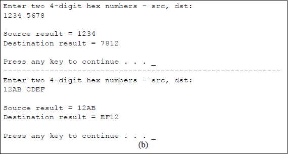 Figure showing illustrates the operation of the SHLD instruction: (a) the program and (b) the outputs.