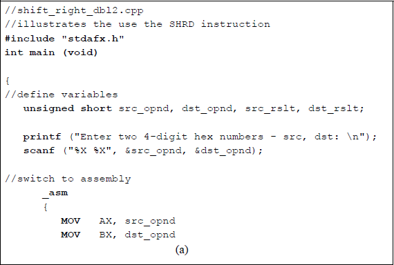 Figure showing illustrates the operation of the SHRD instruction: (a) the program and (b) the outputs.