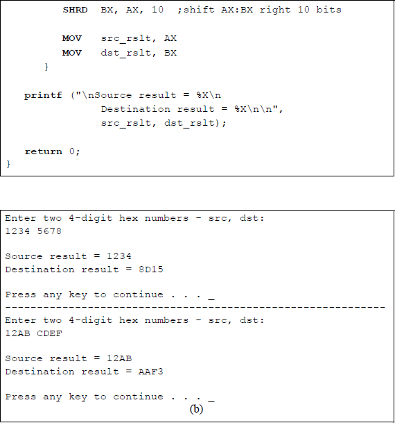 Figure showing illustrates the operation of the SHRD instruction: (a) the program and (b) the outputs.