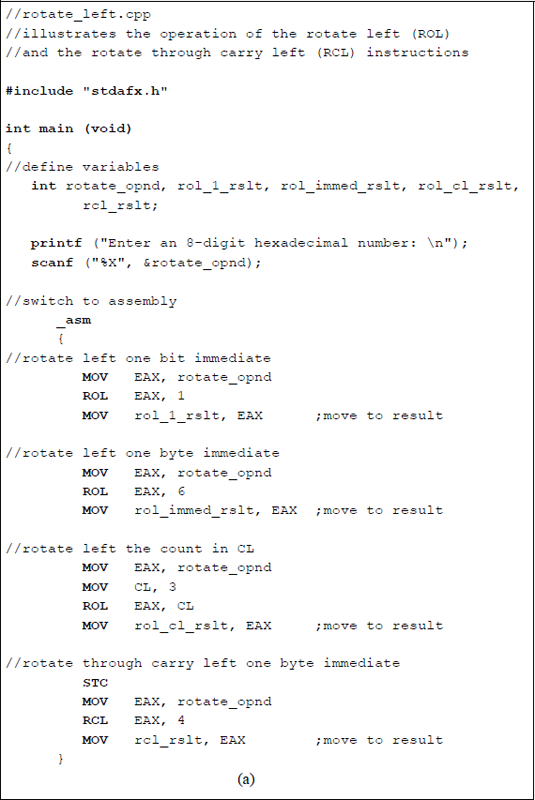 Figure showing program to illustrate the application of the ROL and the RCL instructions: (a) the program and (b) the outputs.