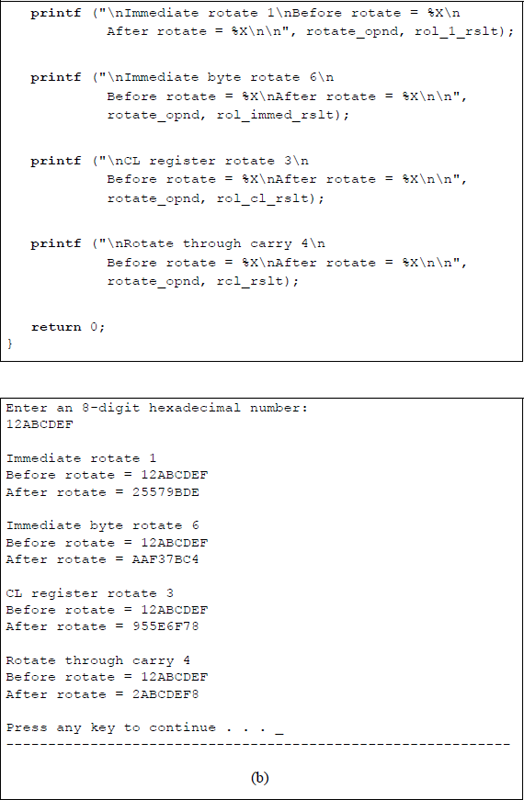 Figure showing program to illustrate the application of the ROL and the RCL instructions: (a) the program and (b) the outputs.