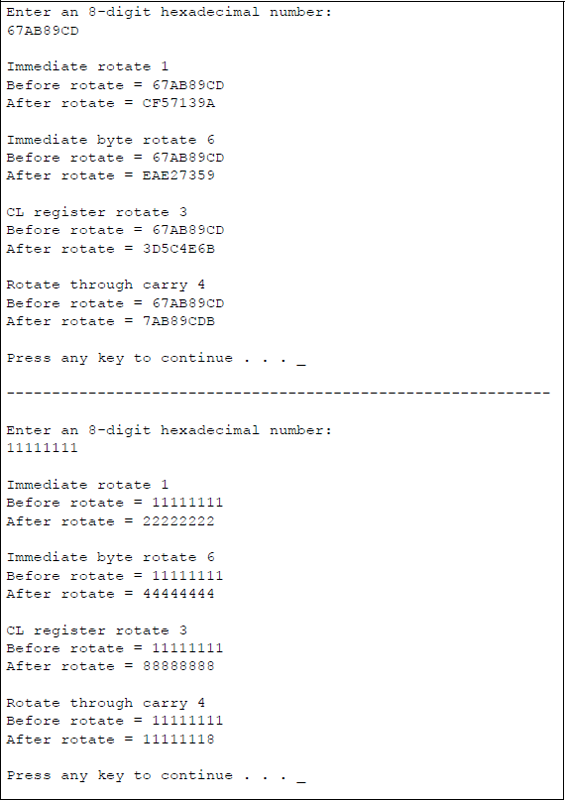 Figure showing program to illustrate the application of the ROL and the RCL instructions: (a) the program and (b) the outputs.
