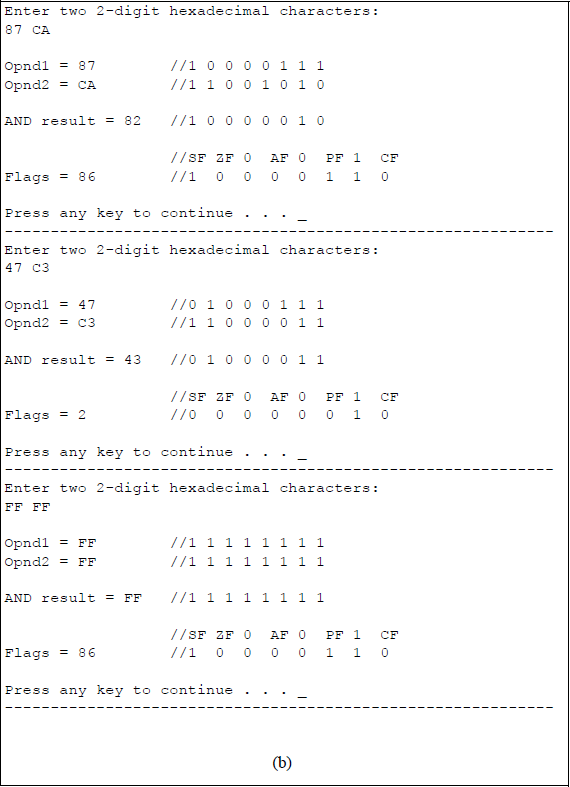 Figure showing program to illustrate the logical AND operation and resulting flags: (a) the program and (b) the outputs.