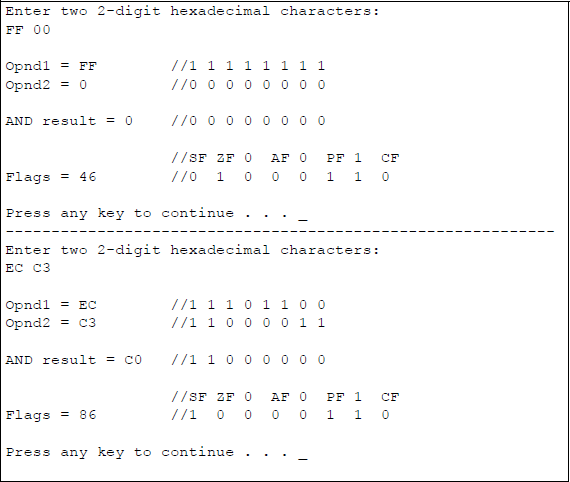 Figure showing program to illustrate the logical AND operation and resulting flags: (a) the program and (b) the outputs.
