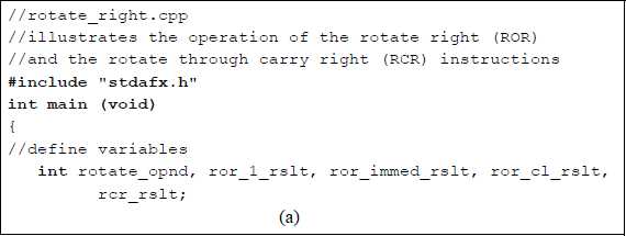 Figure showing program to illustrate the application of the ROR and the RCR instructions: (a) the program and (b) the outputs.