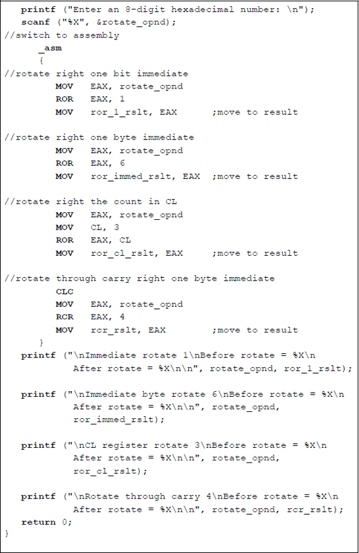 Figure showing program to illustrate the application of the ROR and the RCR instructions: (a) the program and (b) the outputs.