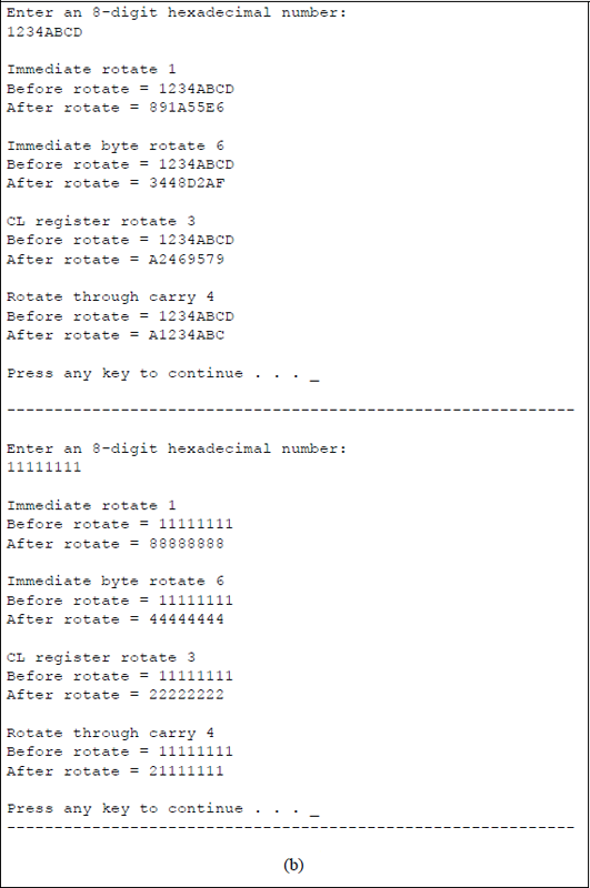 Figure showing program to illustrate the application of the ROR and the RCR instructions: (a) the program and (b) the outputs.
