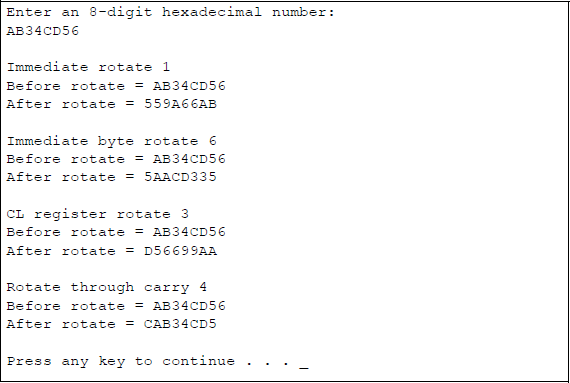 Figure showing program to illustrate the application of the ROR and the RCR instructions: (a) the program and (b) the outputs.