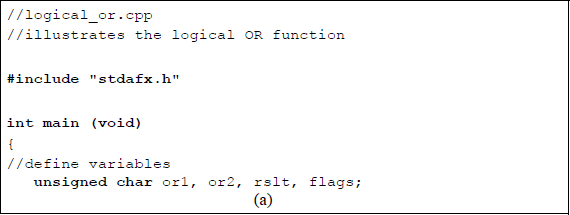 Figure showing program to illustrate the logical OR operation and resulting flags: (a) the program and (b) the outputs.