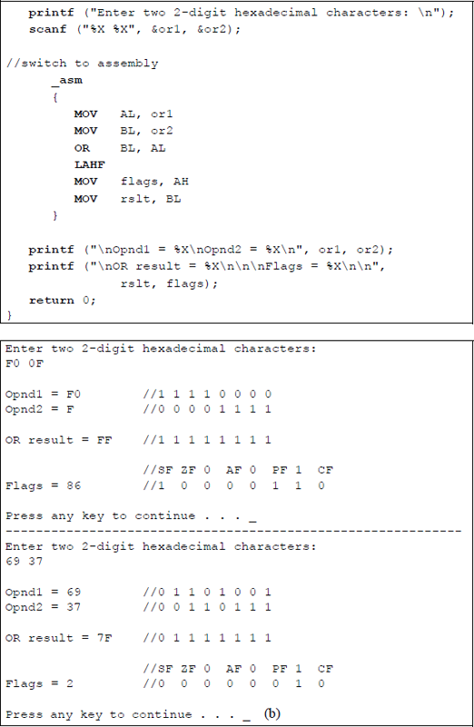 Figure showing program to illustrate the logical OR operation and resulting flags: (a) the program and (b) the outputs.
