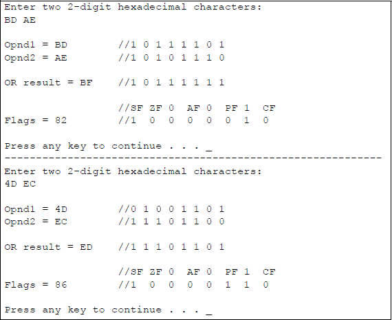 Figure showing program to illustrate the logical OR operation and resulting flags: (a) the program and (b) the outputs.