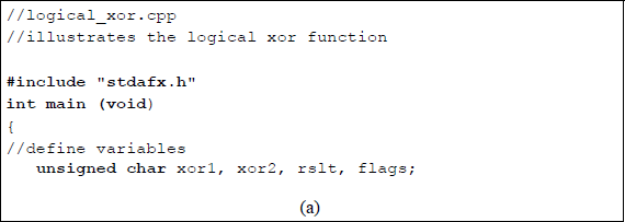 Figure showing program to illustrate the logical XOR operation and resulting flags: (a) the program and (b) the outputs.