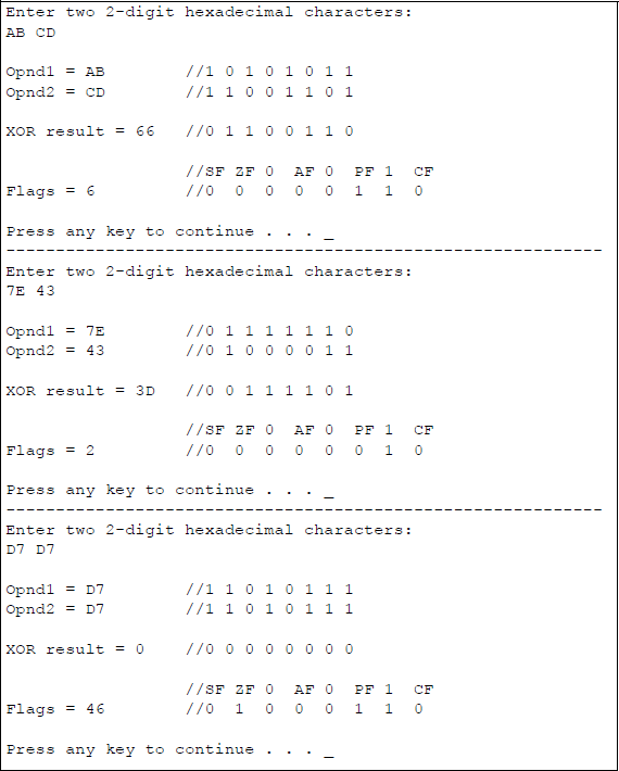 Figure showing program to illustrate the logical XOR operation and resulting flags: (a) the program and (b) the outputs.
