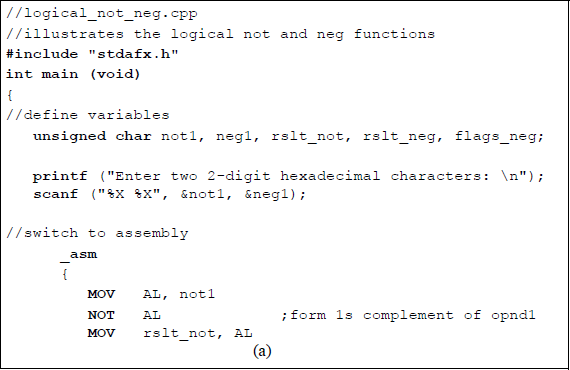 Figure showing program to illustrate the logical NOT and NEG operations and resulting flags for the NEG function: (a) the program and (b) the outputs.
