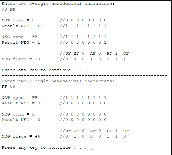 Figure showing program to illustrate the logical NOT and NEG operations and resulting flags for the NEG function: (a) the program and (b) the outputs.