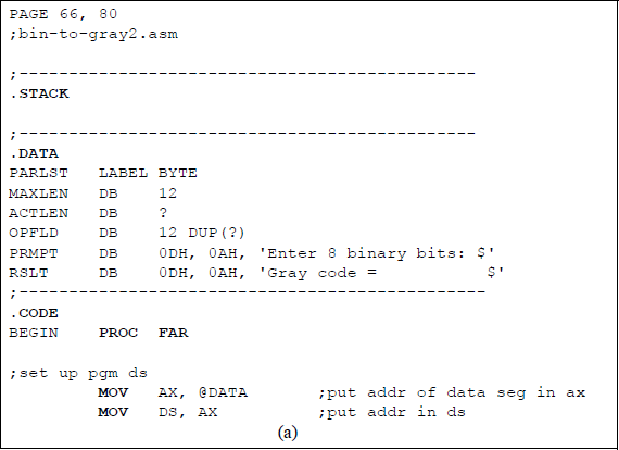 Figure showing program to convert binary data to the corresponding Gray code: (a) the program and (b) the outputs.