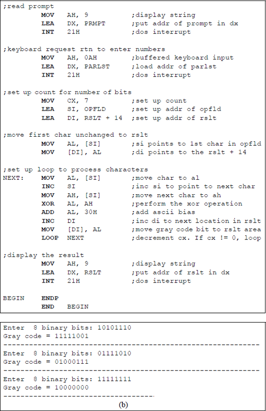 Figure showing program to convert binary data to the corresponding Gray code: (a) the program and (b) the outputs.