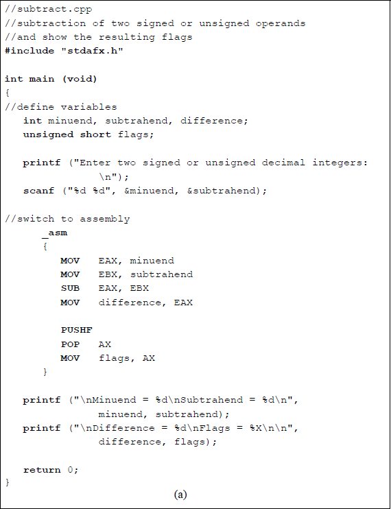 Figure showing program to illustrate the use of the SUB instruction: (a) the program and (b) the outputs.